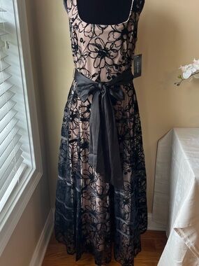 Elegant Black Lace Overlay Prom Dress with Nude Lining